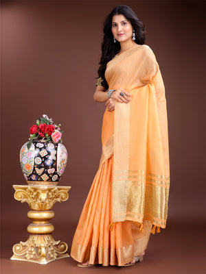 Orange Cotton Saree With Blouse Piece