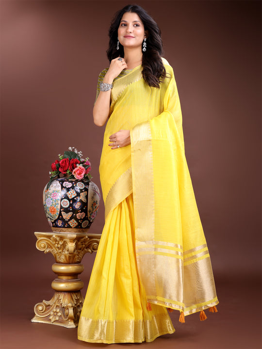 Yellow Cotton Saree With Blouse Piece Yellow Cotton Saree With Blouse Piece