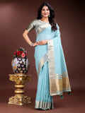 Sky Blue Cotton Saree With Blouse Piece Sky Blue Cotton Saree With Blouse Piece