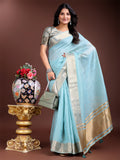 Sky Blue Cotton Saree With Blouse Piece Sky Blue Cotton Saree With Blouse Piece