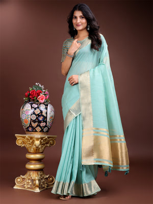 Sea Green Cotton Saree With Blouse Piece