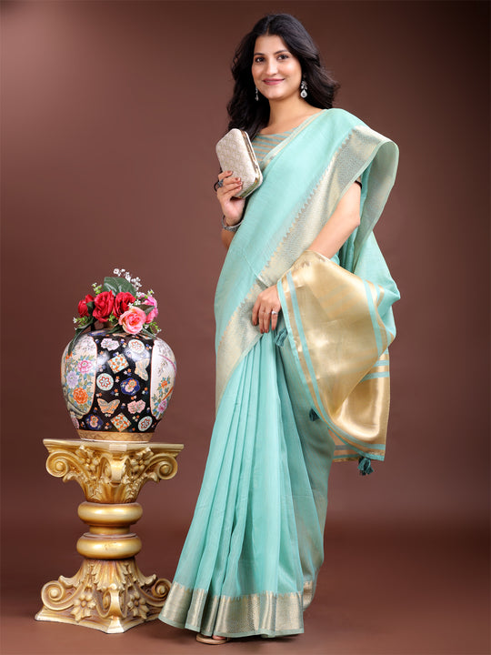 Sea Green Cotton Saree With Blouse Piece Sea Green Cotton Saree With Blouse Piece