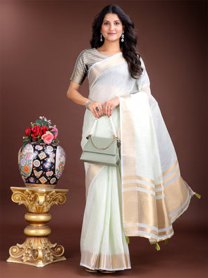Light Green Cotton Saree With Blouse Piece