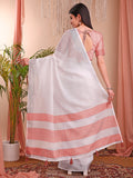 White Linen Cotton Saree With Blouse Piece White Linen Cotton Saree With Blouse Piece