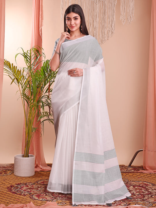 White Linen Cotton Saree With Blouse Piece White Linen Cotton Saree With Blouse Piece