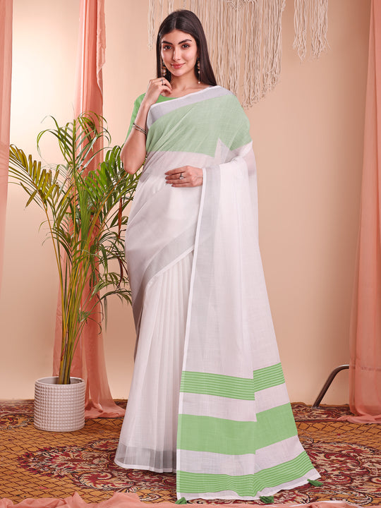 White Linen Cotton Saree With Blouse Piece White Linen Cotton Saree With Blouse Piece