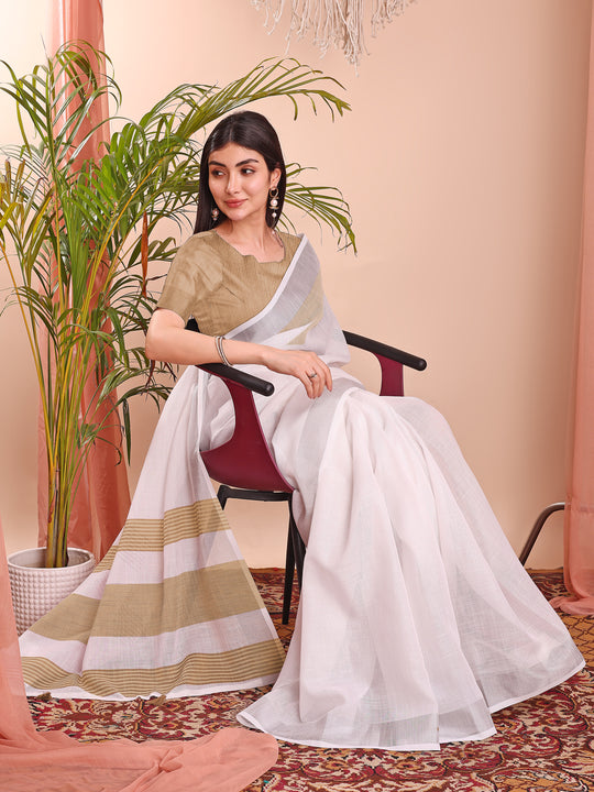 White Linen Cotton Saree With Blouse Piece White Linen Cotton Saree With Blouse Piece