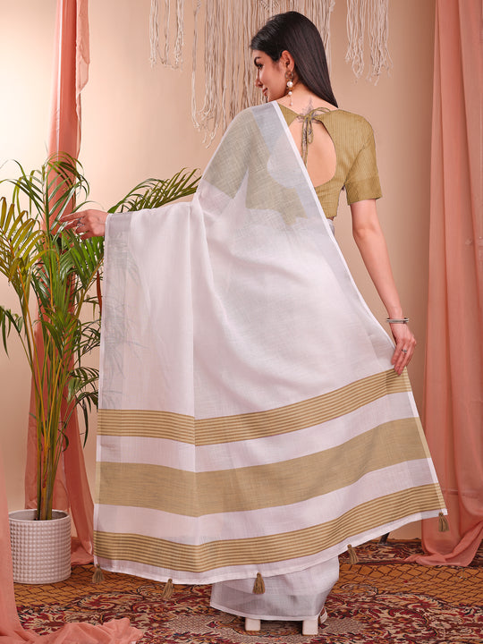 White Linen Cotton Saree With Blouse Piece White Linen Cotton Saree With Blouse Piece