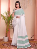 White Linen Cotton Saree With Blouse Piece White Linen Cotton Saree With Blouse Piece