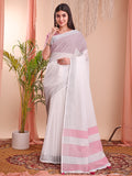 White Linen Cotton Saree With Blouse Piece White Linen Cotton Saree With Blouse Piece