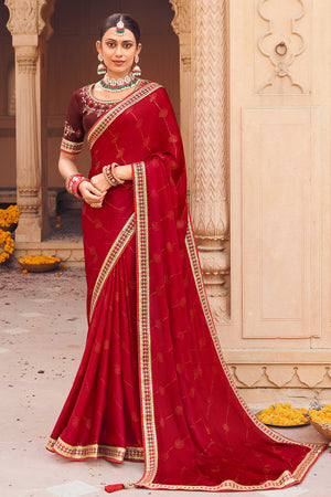 Crimson Red Satin Chiffon Saree