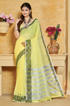 Lemon Yellow Linen Blend Saree