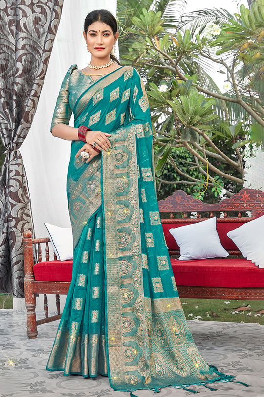 Teal Blue Organza Saree Teal Blue Organza Saree