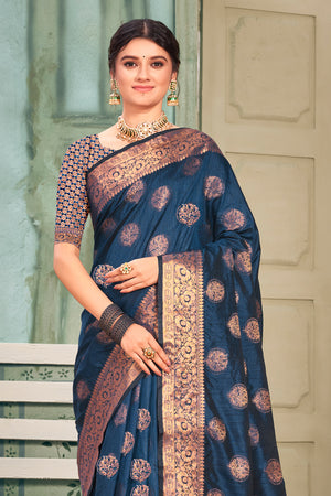 Space Blue Cotton Silk Saree