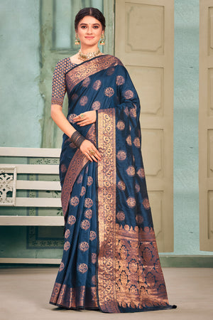 Space Blue Cotton Silk Saree