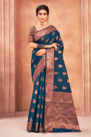 Space Blue Cotton Silk Saree