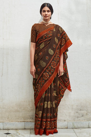 Dark Brown Digital Print Saree