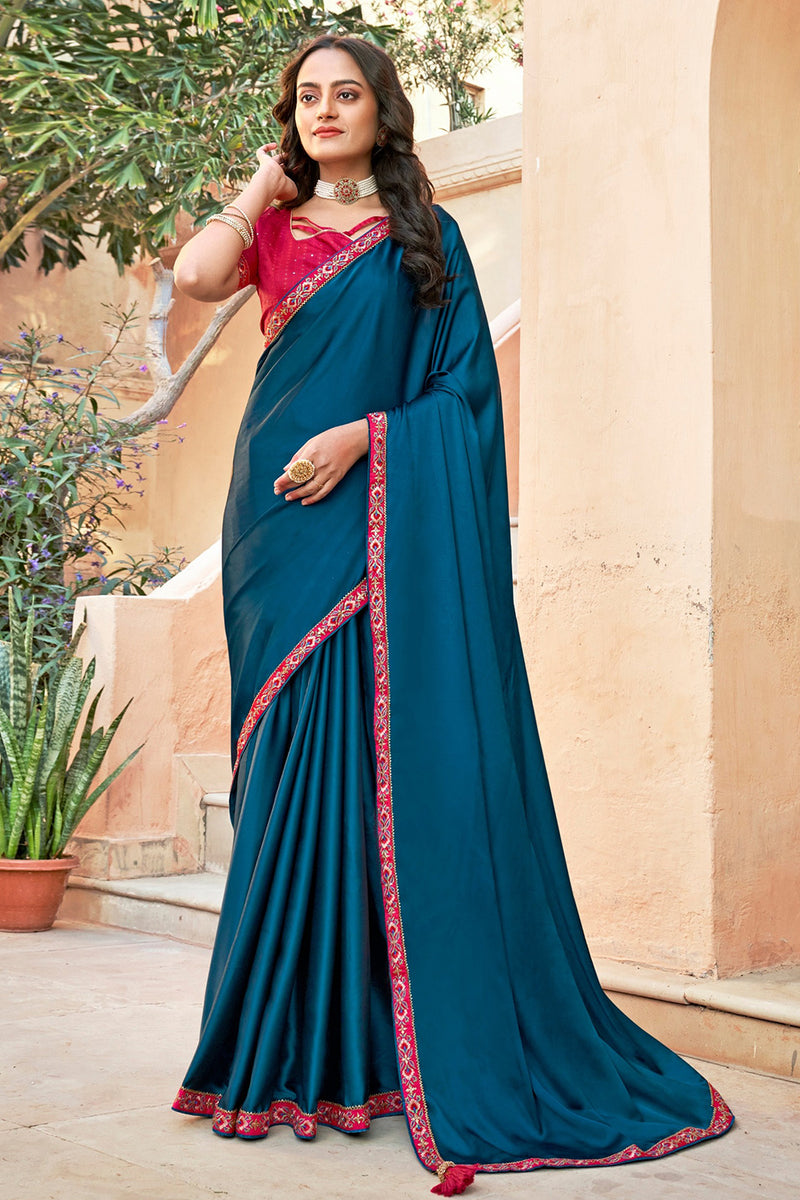 Buy Blue And Red Satin Saree online-Karagiri