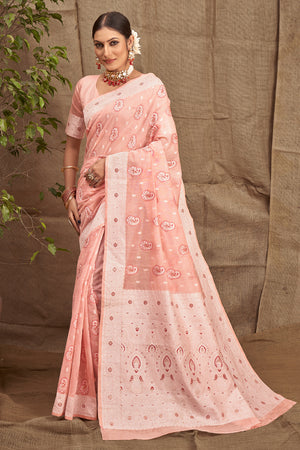 Cantaloupe Peach Cotton Saree