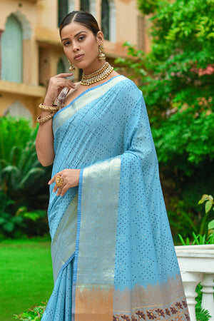Firozi Blue Linen Blend Cotton Saree