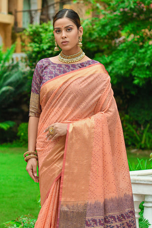 Cantaloupe Orange Linen Blend Cotton Saree