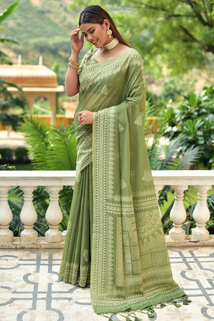 Pista Green Cotton Saree