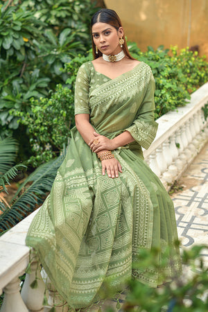 Pista Green Cotton Saree