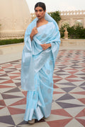 Powder Blue Linen Blend Saree Linen Saree