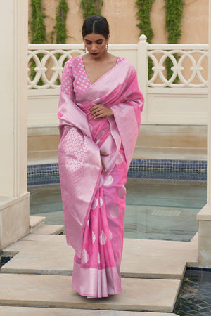 Flamingo Pink Linen Blend Saree