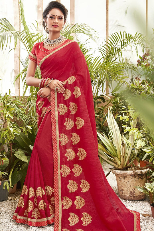 Fire Brick Red Embroidered Chanderi Saree Fire Brick Red Embroidered Chanderi Saree
