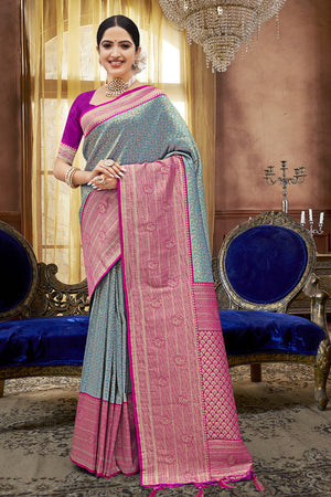 Blue Pink Banarasi saree