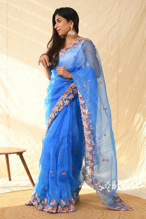 French Blue Organza Saree
