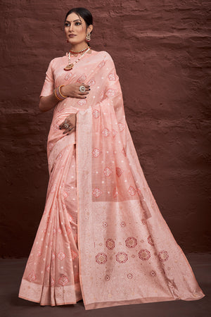 Cantaloupe Peach Cotton Saree