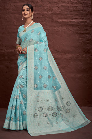 Powder Blue Cotton Saree