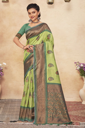 Lime Green Cotton saree