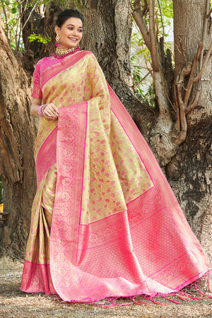 Beige And Pink Kanjivaram Silk Saree