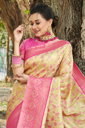 Beige And Pink Kanjivaram Silk Saree