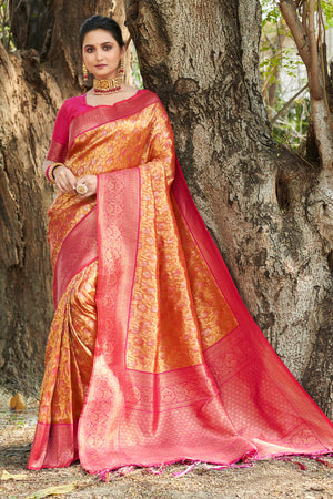 Orange And Red Kanjivaram Silk Saree