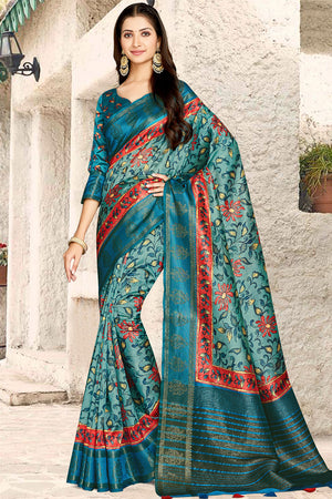 Green And Red Digital Print Saree