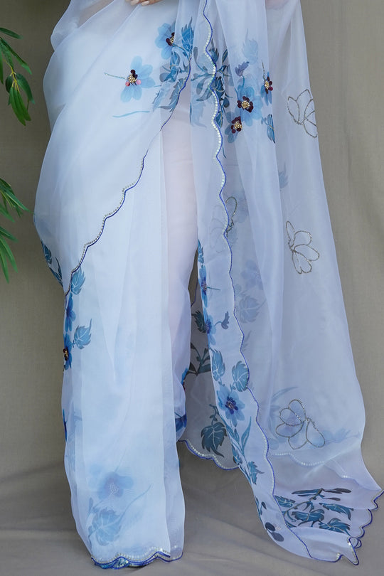 White And Blue Organza Saree White And Blue Organza Saree
