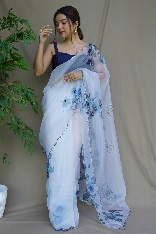 White And Blue Organza Saree White And Blue Organza Saree