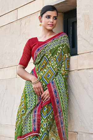 Green And Red Mulmul Cotton Saree