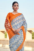 Grey And Orange Mulmul Cotton Saree Grey And Orange Mulmul Cotton Saree