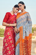 Grey And Orange Mulmul Cotton Saree Grey And Orange Mulmul Cotton Saree