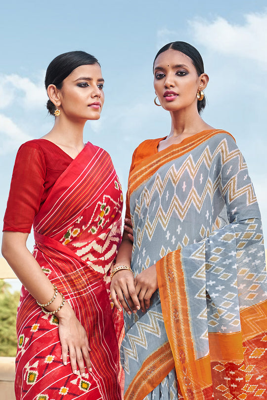 Grey And Orange Mulmul Cotton Saree Grey And Orange Mulmul Cotton Saree