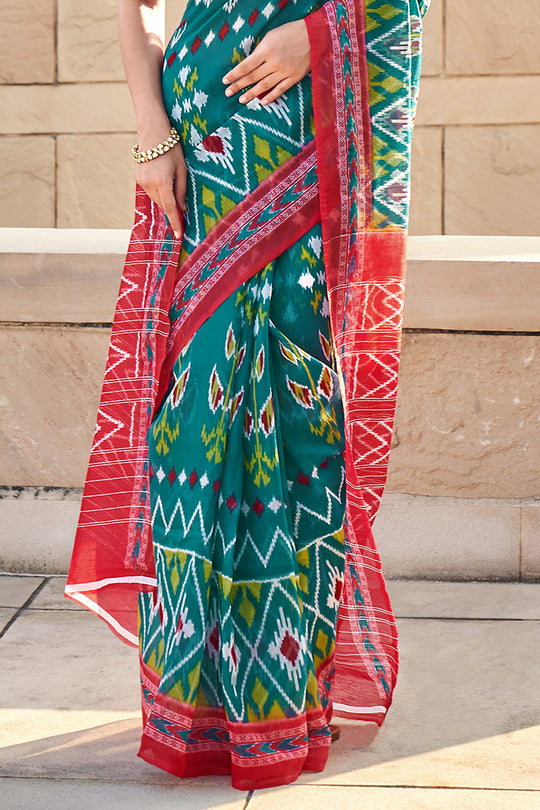 Blue And Red Mulmul Cotton Saree Blue And Red Mulmul Cotton Saree