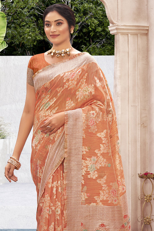 Coral Orange Cotton Silk Saree Coral Orange Cotton Silk Saree