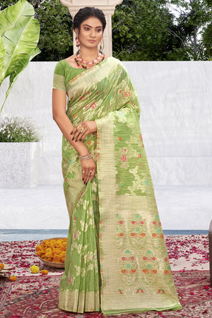 Lime Green Cotton Silk Saree
