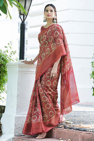 Strawberry Red Linen Blend Saree