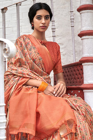 Beige And Orange Digital Print Saree